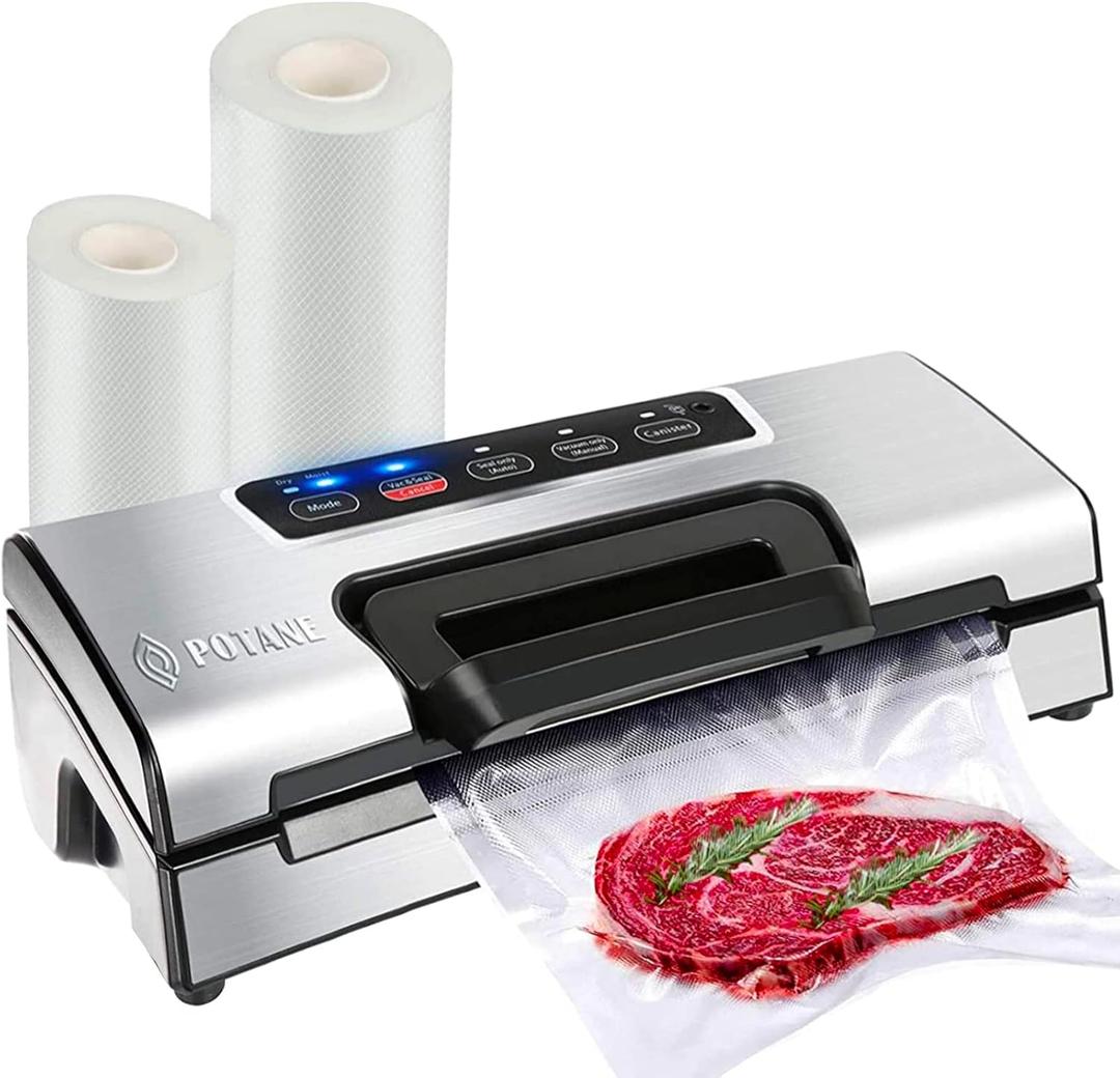 Potane Precision Vacuum Machine,Pro Food Sealer with Built-in Cutter and Bag Storage(Up to 20 Feet Length), Both Auto&Manual Options,2 Modes,Includes 2 Bag Rolls 11x16 and 8x16,Compact Design