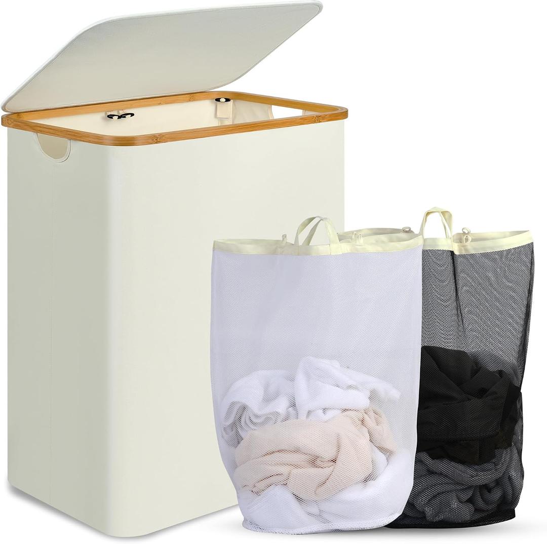 efluky Double Laundry Hamper with Lid and Removable Bags, 160L Beige
