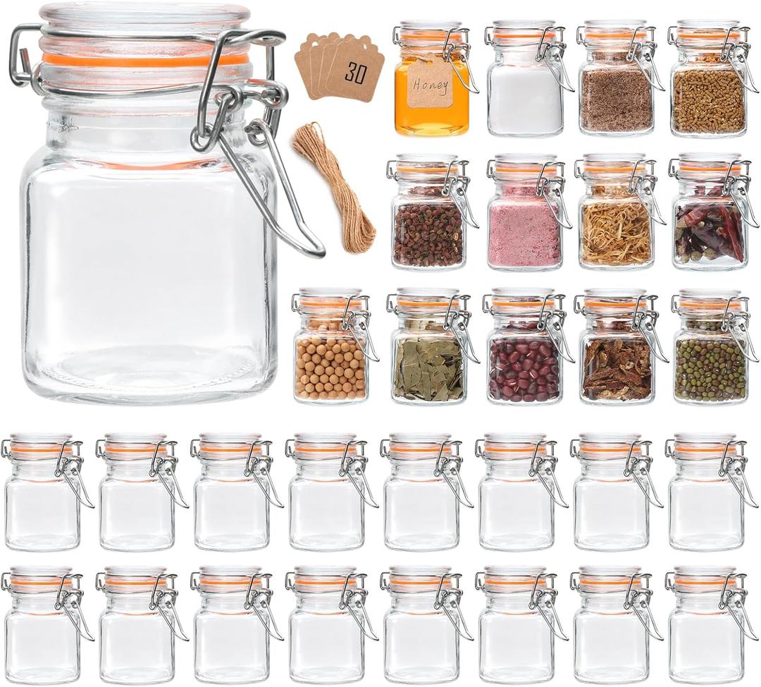 Encheng 4 oz Glass Jars With Airtight Lids And Leak Proof Rubber Gasket, Small Mason Jars With Hinged Lids For Kitchen, Mini Spice Jars With Twine And Tags Labeling, 30 Pack
