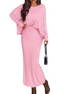 PRETTYGARDEN Women's Fall 2025 Two Piece Matching Skirt Sets Long Sleeve Tops Maxi Long Slit Bodycon Skirts Vacation Outfits (Pink, XX-Large)