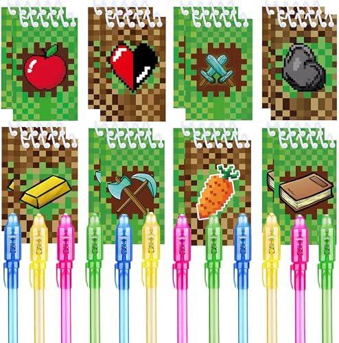 Jiaoohoo 24 Pcs Pixel Theme party favors |12 invisible ink pen and 12 mini Notepads| Pixel Theme party Goodie Bag Stuffers, Classroom Prizes, party supplies