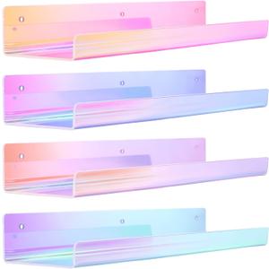 upsimples 4 Pack Acrylic Shelves for Wall Storage, 15" Floating Bookshelves for Kids, Nail Polish Holder, Perfume Display Shelf Organizer for Bathroom, Bedroom, Living Room, Iridescent