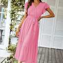 PRETTYGARDEN Women's Summer Floral Boho Maxi Dress Short Sleeve Wrap V Neck Ruffle Long Flowy Beach Wedding Guest Dresses (Pink, XXL)