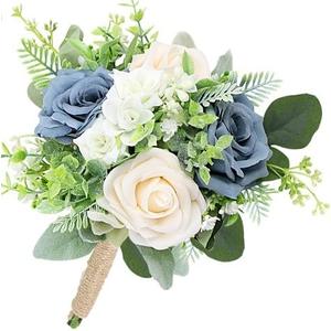 7 Inch Bridesmaid Bouquet Flowers - Artificial Bouquet for Bridesmaid Wedding Rustic Small Floral Centerpiece for Marriage Proposal Party Anniversary Dining Table Decor - Green & Dusty Blue (1pcs)