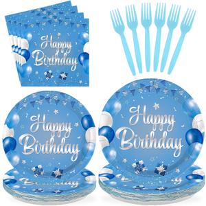 96 Pcs Light Blue Birthday Party Decorations Disposable Star Foil Paper Plates and Napkins Baby Blue Tableware Set for Boys Men Birthday Party Celebration Supplies Serves 24
