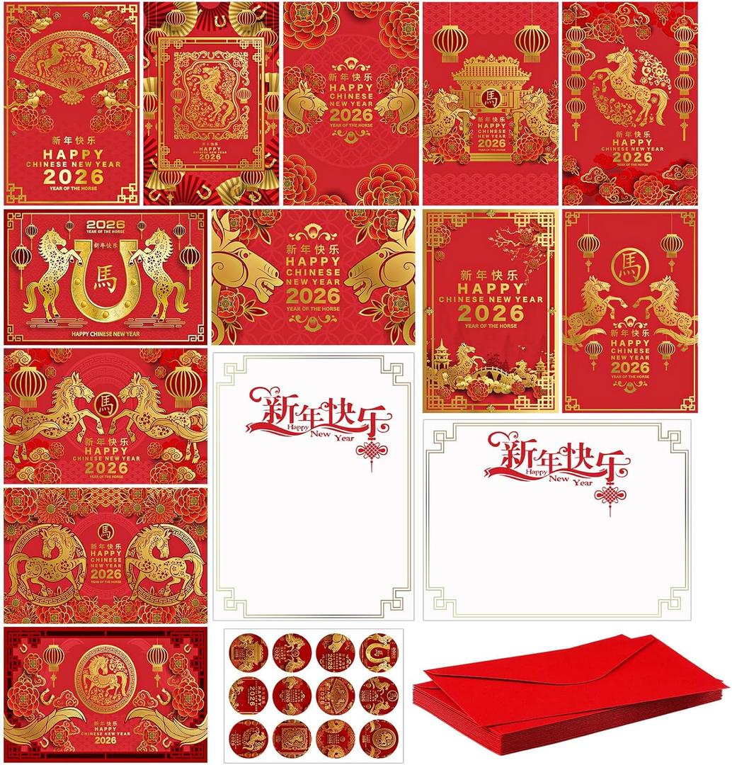 Motiskyy 144pcs/48set Happy Chinese New Year Cards with Red Envelopes Bulk Lunar Year of The Horse 2026 7.87 x 5.91 Inch Greeting Cards with Envelopes and Stickers Chinese Hong Bao Gifts