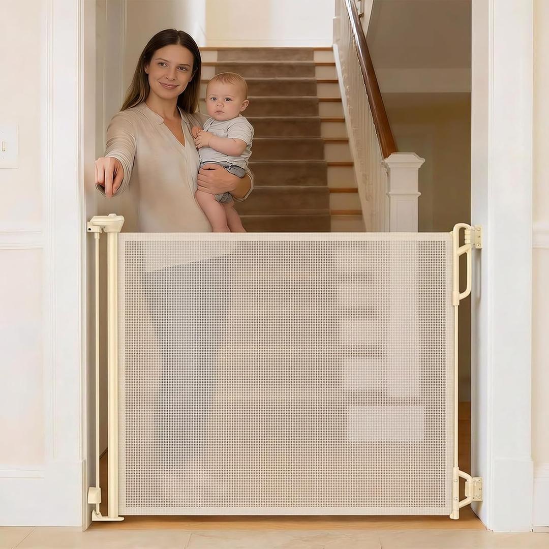 Retractable Safety Baby Gate or Mesh Dog Gate,Durable Portable Mesh Retractable Gate,Easy to Use for Stairs, Doorways, Hallways, Indoor, Outdoor, 33.5" Tall, Up to 45" Wide, Cream