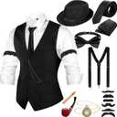 Neer 1920s Men Costume Accessories Outfit with Gangster Vest Hat Vintage Pocket Watch Bow Tie Suspenders Accessories (Small, Black)
