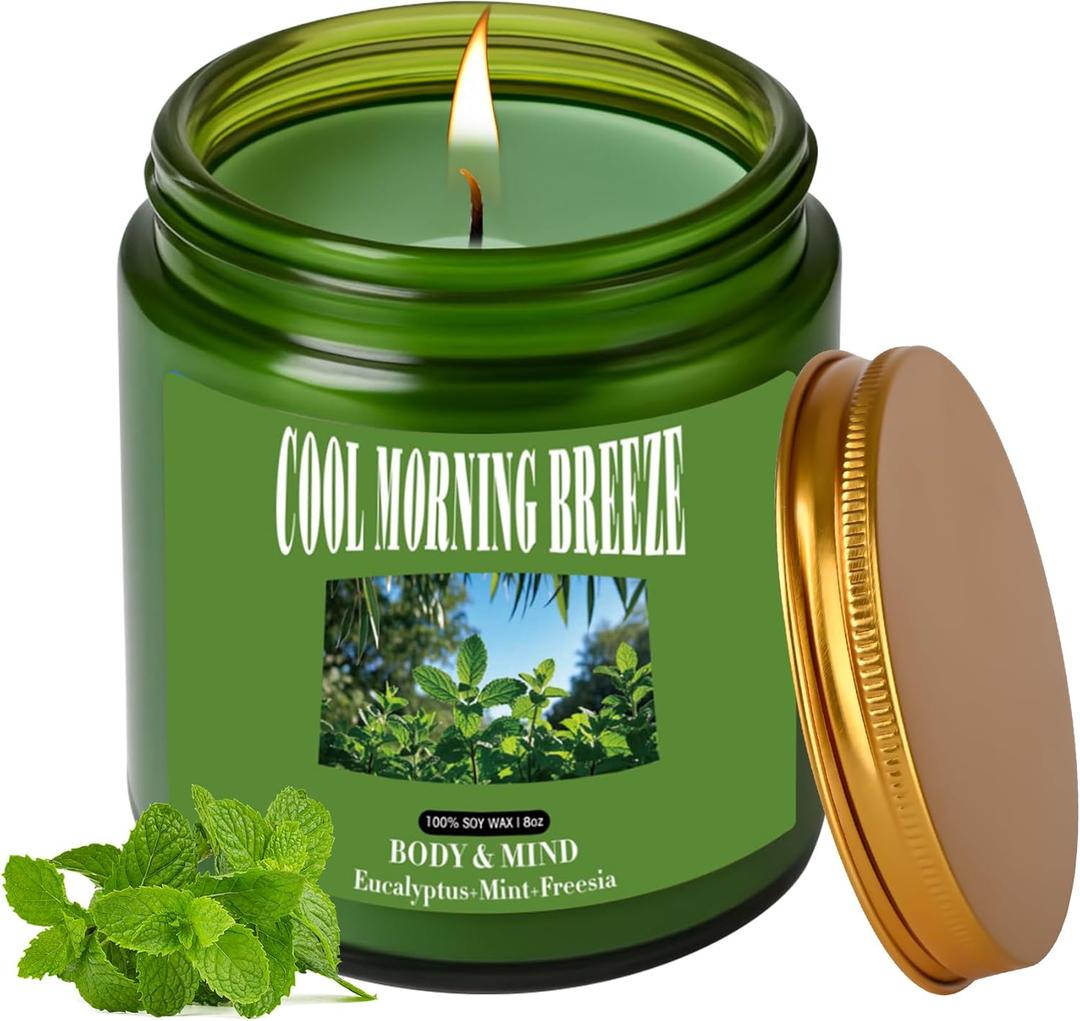 Eucalyptus & Mint Candles for Home Scented, 8oz Natural Soy Wax Jar Candle Gift for Men Women Stress Relief, Meditation, Yoga, Relaxing, 40H Long-Lasting Burns