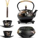 Dyna-Living Cast Iron Teapot with Warmer Japanese Tea Kettle 720ml/24.5oz Japanese Cast Iron Teapot Set with 2 Tea Cups Tea Pot with Infuser Tea Kettle for Wood Stove or Stovetop (Style 3)