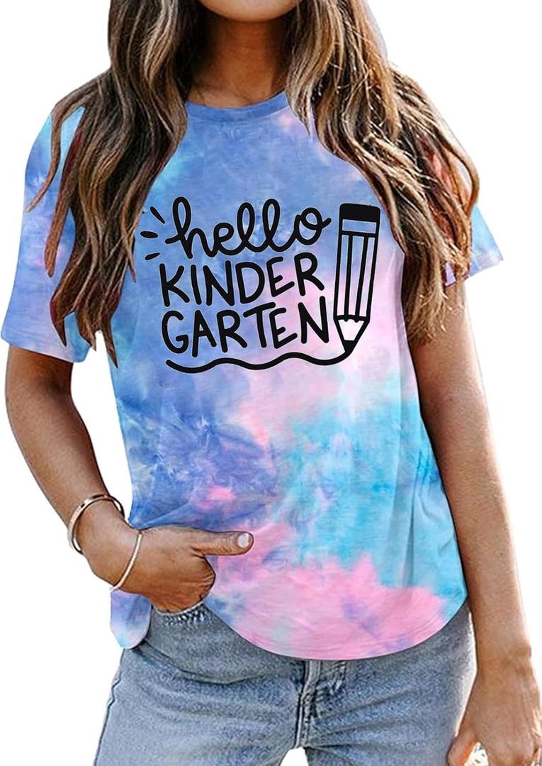 Hello Kindergarten Teacher Shirt Women First Day of Kindergarten Shirt Casual Short Sleeve Tee Top Blouse Blue Pink (M)