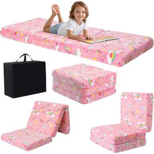MeMoreCool Glow Pink Unicorn Foldable Floor Mattress for Kids, Trifold Nap Mat for Toddlers, Portable Daycare Sleeping Futon or Floor Bed, 57x22 Inch