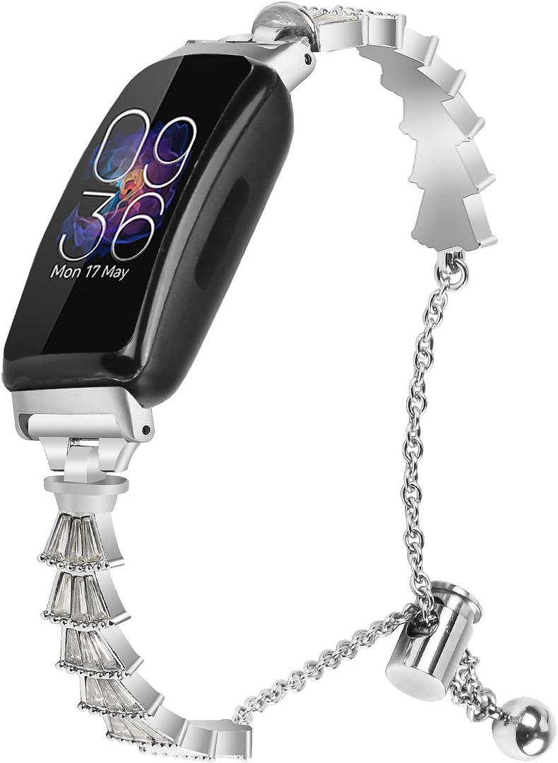 FitTurn Compatible With Fitbit Inspire 2/Inspire HR/Inspire/Ace 3/Ace 2 Band with Diamond Crystal Metal Bling Replacement Strap Band for Fitbit Inspire/Inspire 2/Inspire (Silver)