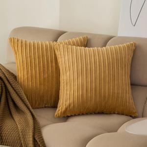 Kevin Textile Euro Sham Striped Corduroy Textured Velvet European Throw Pillowcase for Couch, 22 x 22 inch (55cm), 2 Pack, Khaki