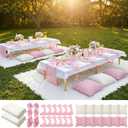 Beeveer 91 x 71 Extra Large Outdoor Boho Picnic Blanket with Pink Table Runner, 12 Throw Pillow Covers 12 Napkins Woven Cotton Yarn Oversize Beach Blanket Washable Picnic Camp Wedding