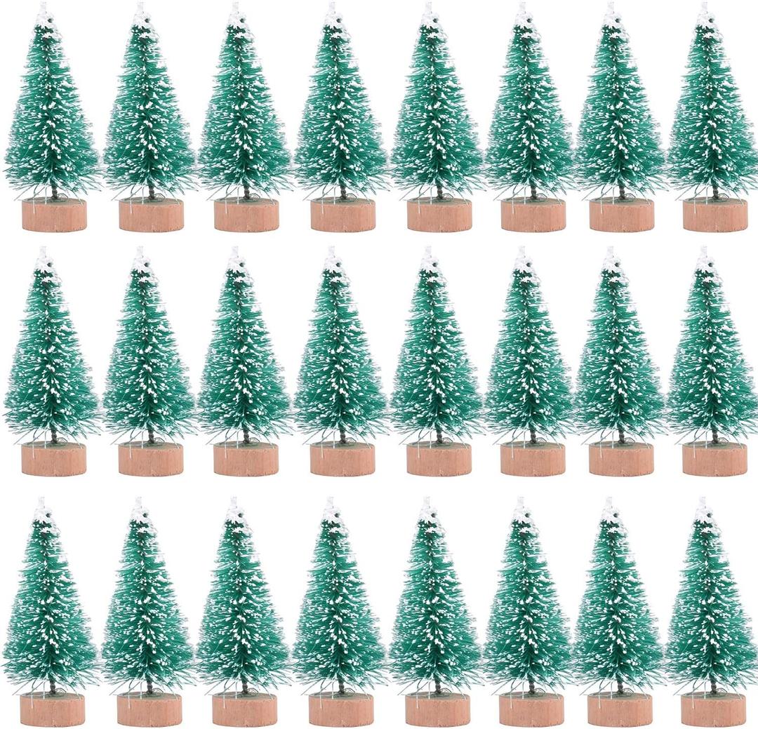 24 Pieces Artificial Mini Christmas Sisal Snow Frost Trees with Wood Base Bottle Brush Trees Plastic Winter Snow Ornaments Tabletop Trees for Christmas Party Home Decoration (Green)