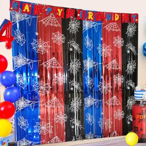 MECOLO Spider Web Birthday Decorations 2 Pack Spider Party Supplies 3.3x6.6ft Red Blue and Black Spidey Tinsel Foil Fringe Curtains Backdrop Red and Blue Streamers Spider Theme Party Decorations