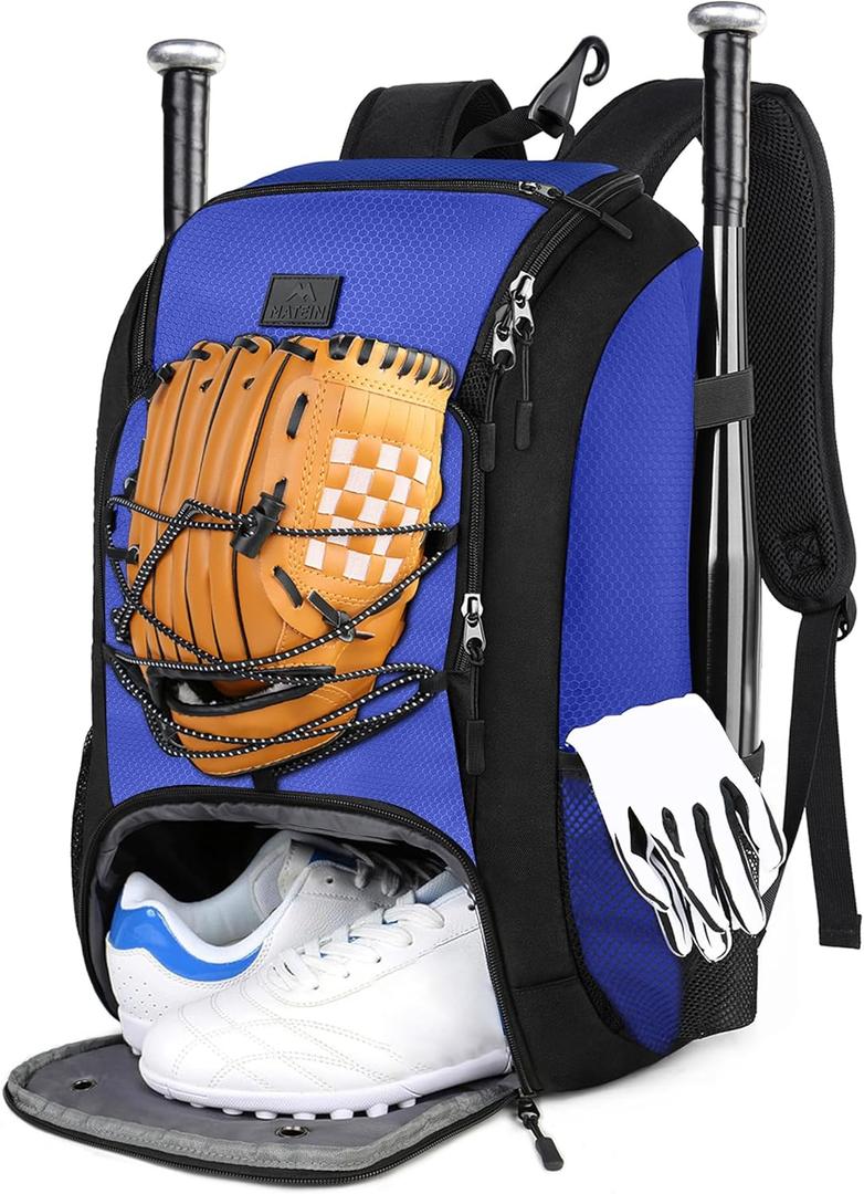 MATEIN Baseball Backpack, Softball Bat Bag with Shoes Compartment for Youth, Boys and Adult, Lightweight Baseball Bag with Fence Hook Hold TBall Bat, Batting Mitten, Helmet, Caps, Teeball Gear (29L, Blue)