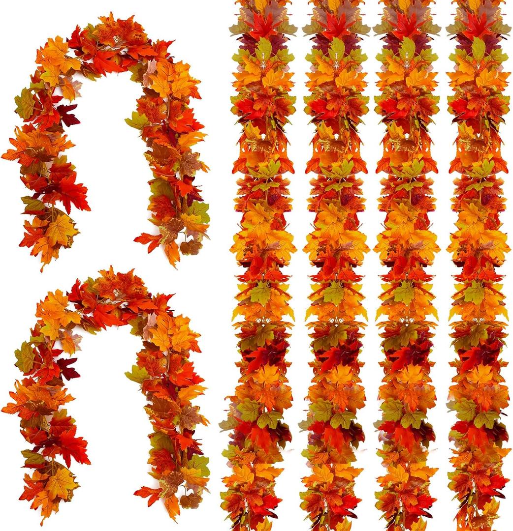 Joyhalo 6 Pack Fall Garland, Autumn Leaves Garland for Mantle Indoor Outdoor Fall Decorations for Home, Hanging Maple Leaf Foliage Vines for Fireplace, Front Door, Porch and Thanksgiving Decor