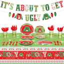 172 Christmas Ugly Sweater Decorations Xmas Disposable Dinnerware Set Party Supplies with Includes Paper Plates Cups Napkins Knifes Forks Spoons Tablecloths It's About to Get Ugly Banner, Serves 24