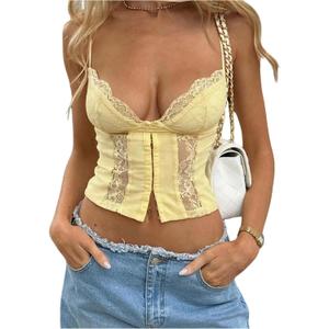 WDIRARA Women's Sexy Lace Low Cut Cami Crop Top Sexy Y2k V Neck Camisole Tops (Yellow, XL)