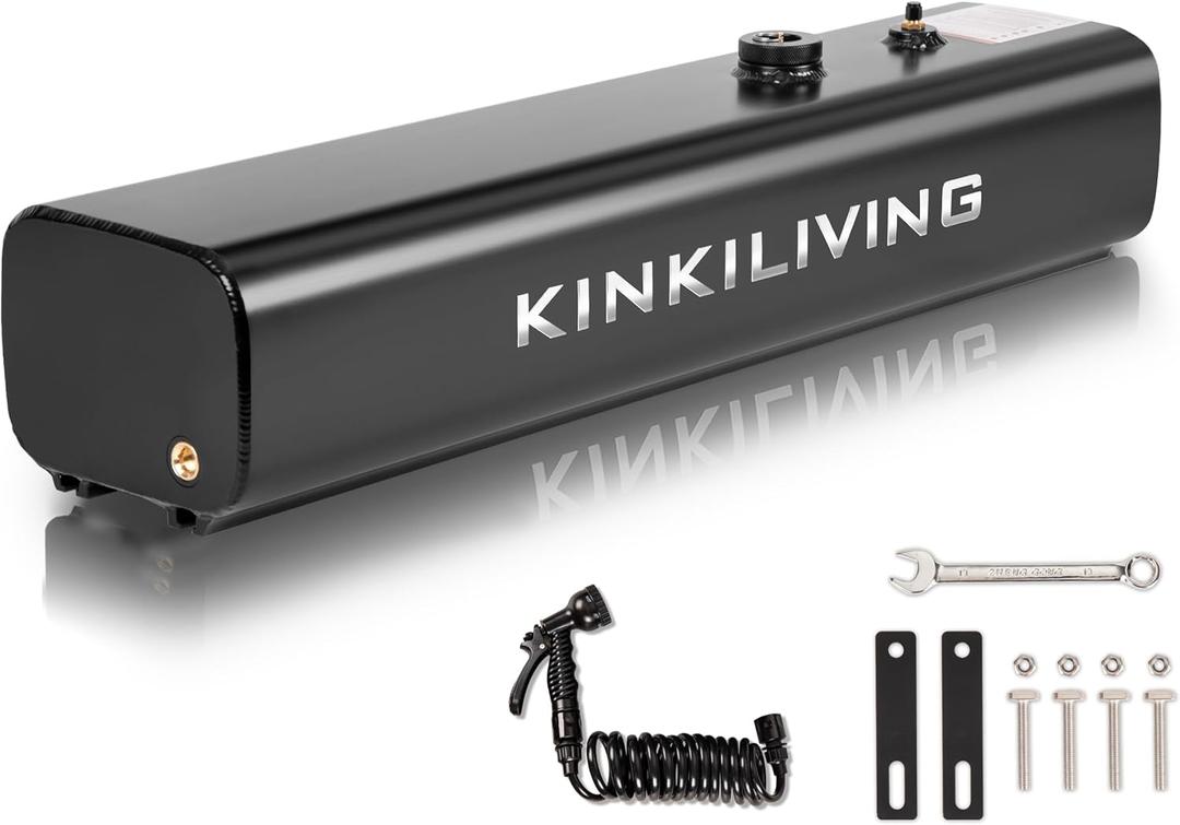 KinkiLiving Pressurized Water Tank, 4.5-9.5Gallon Portable Aluminum Camp Shower with Spray Hose, Fit for Overland Off-Road Vehicles, Trucks, RV Camping, Beach Cleaning (4.5Gallon)