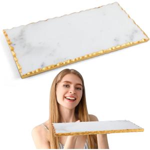 9" X 6" Marble Tray with Golden Foiling Natural Marble Board White Slab Candle Plate Tray for Kitchen Counter Cheese Charcuterie Wedding Gift House Warming Gift