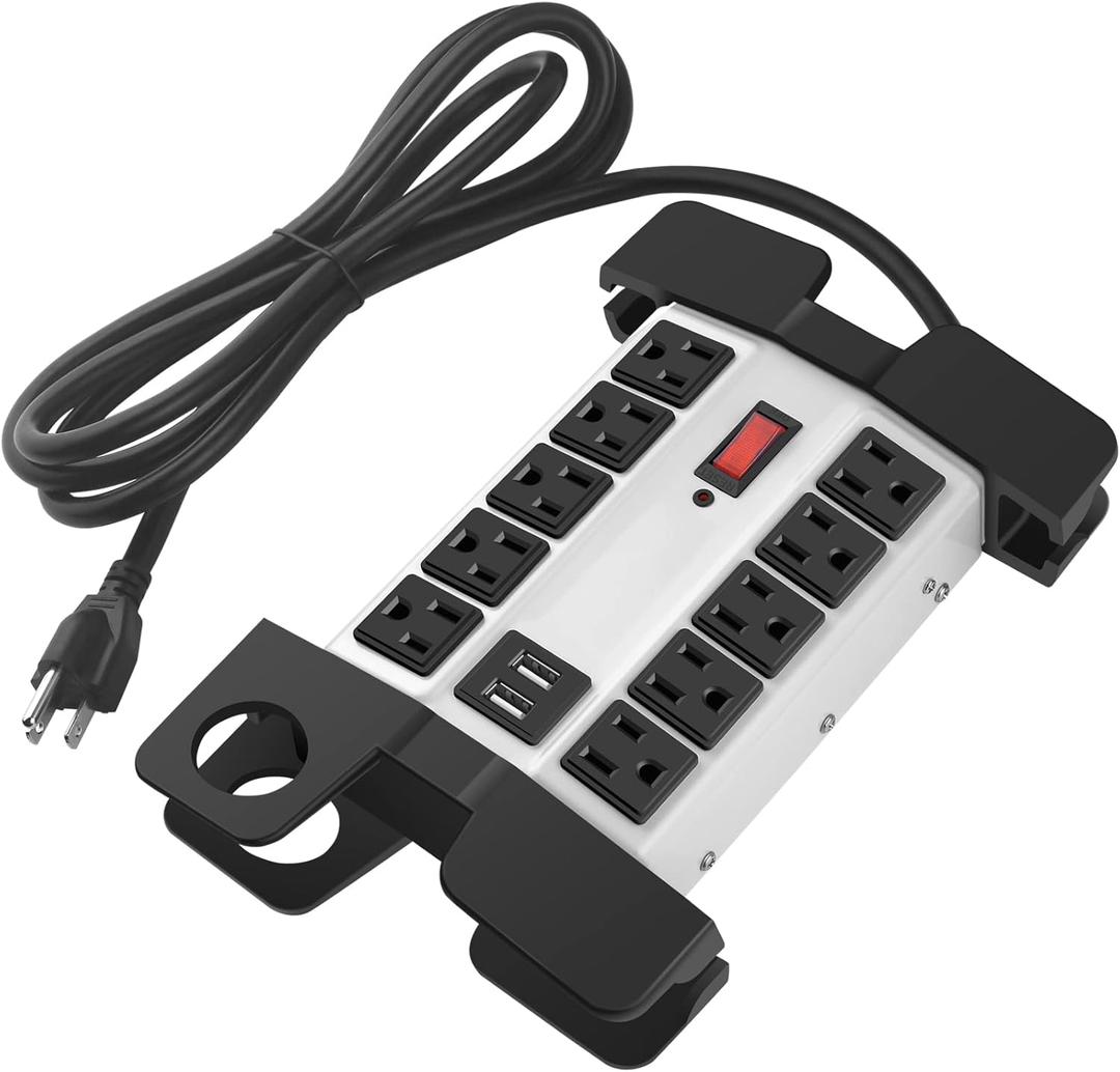 CCCEI Heavy Duty Power Strip with USB Ports, Garage 10 Outlets Surge Protector 2700 Joules, Industrial Workshop Metal 15Amp Multiple Outlets, 15 FT Extension Cord and Wide Spaced Grey