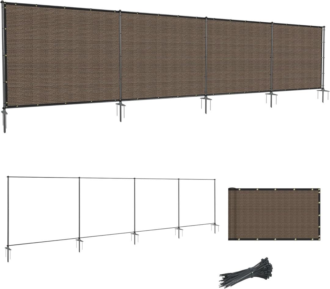 SunnyRoyal 5' x 24' Privacy Fence Screen Panel with Iron Poles Freestanding No Dig Heavy Duty Windscreen Mesh Fabric Temporary Dog Fencing for Outdoor Backyard Patio Garden (Brown)