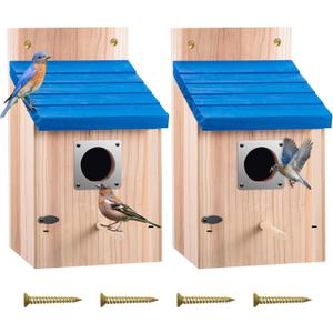 Dreyoo Cedar Bluebird Box Houses for Outside, 1-1/2'' Entrance Hole Wooden Bird Houses with Metal Guard, Secure Latch, Fledgling Grooves, Air Vents for Bluebird Wren Swallow (2 Pack)