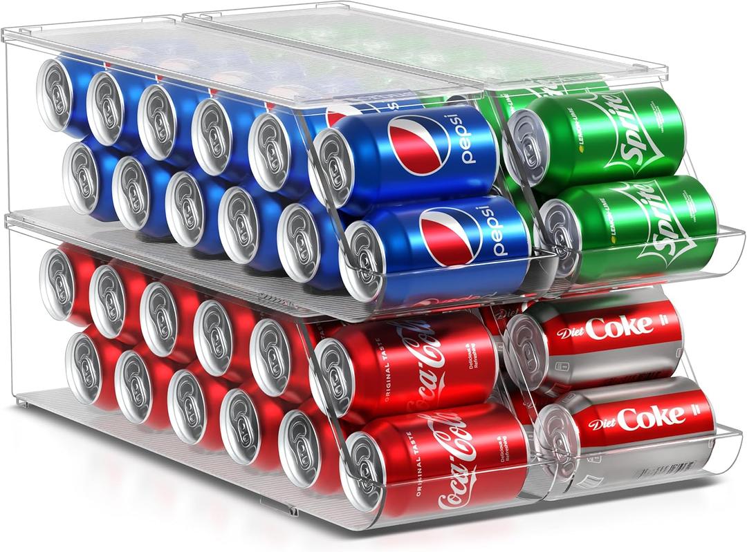 Sorbus Soda Can Organizer for Refrigerator  Stackable Can Dispenser with Lid for Fridge, Pantry, or Freezer  Holds 12 Cans Each, BPA-Free Clear Drink Organizer (4-Pack)