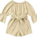 YOUNGER TREE Kids Toddler Baby Girls Summer Outfit Off-Shoulder Sunflower Overall Romper Jumpsuit Short Trousers Clothes (12-18 Months, Beige)