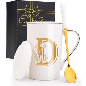 Letter D Personalized Initial Mugs with Flower, Letter D Personalized Coffee Mug, Customized Cool Letters Mugs for Women, Bridal Shower Gifts, Women's Initials Gifts Mug 14 OZ Matte White