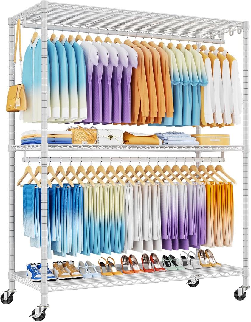 ULIFHOME P8 Max Heavy Duty Clothes RackWith Extended Width Design Rolling Clothing Racks for Hanging ClothesPortable Garment Rack with Lockable Wheels51.2" W x 15.8" D x 80.5" HLoad 700LBSWhite
