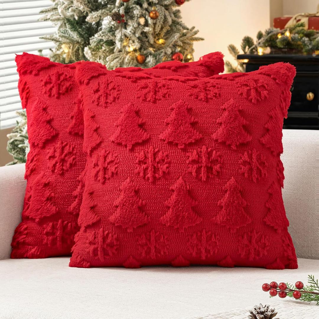 MIULEE Christmas Throw Pillow Covers 20x20 Set of 2 Christmas Decorations Red Soft Plush Faux Fur Wool Xmas Tree Snowflakes Pillowcases Holiday Festivals Winter Home Decor Sofa Couch Bed Porch