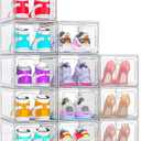 12 Pack Upgrade Harder Shoe Organizer, Shoe Storage with Magnetic Front Door, Clear Shoe Boxes Foldable Space-Saving Shoe Rack for Sneaker Boot Container, White