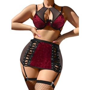 Foxiny Sexy Cutout Halter Underwire Leather Mesh Sheer Mini Skirt Stocking Lingerie Set 4 Piece Outfits, Medium