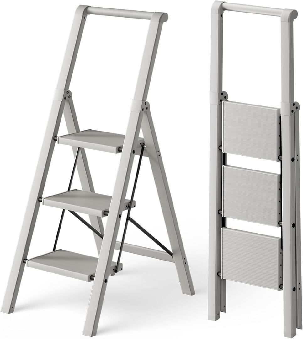 HillhutApex Aluminum 3 Step Ladder, Step Stool Foldable Ladder(Pale Grey)