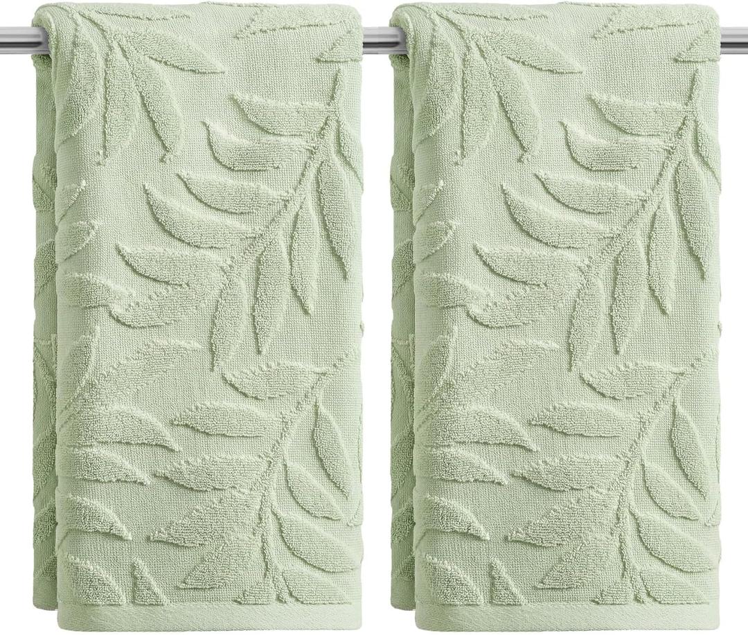 Artoid Mode 2 Pcs Light Green 3D Leaves Jacquard Hand Towels for Bathroom, 100% Cotton Soft Absorbent Bathroom Decor Towels, 13.7 x 29.5 Inch
