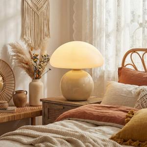 Mushroom Lamp Boho Room Decor - Small Bedside Table Lamp with Ceramic Base & 3 Color Temperatures, Aesthetic Cottagecore Night Light for College Dorm Desk, USB Plug (Creamy)