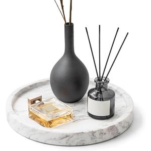 WORHE Natural Marble Decorative Tray for Bathroom Bedroom Kitchen Dresser, Round Vanity Trays for Jewelry, Perfume, Cosmetic, Candle, Countertop Storage Organizer for Home Decor Color White (TP601) (9.4")