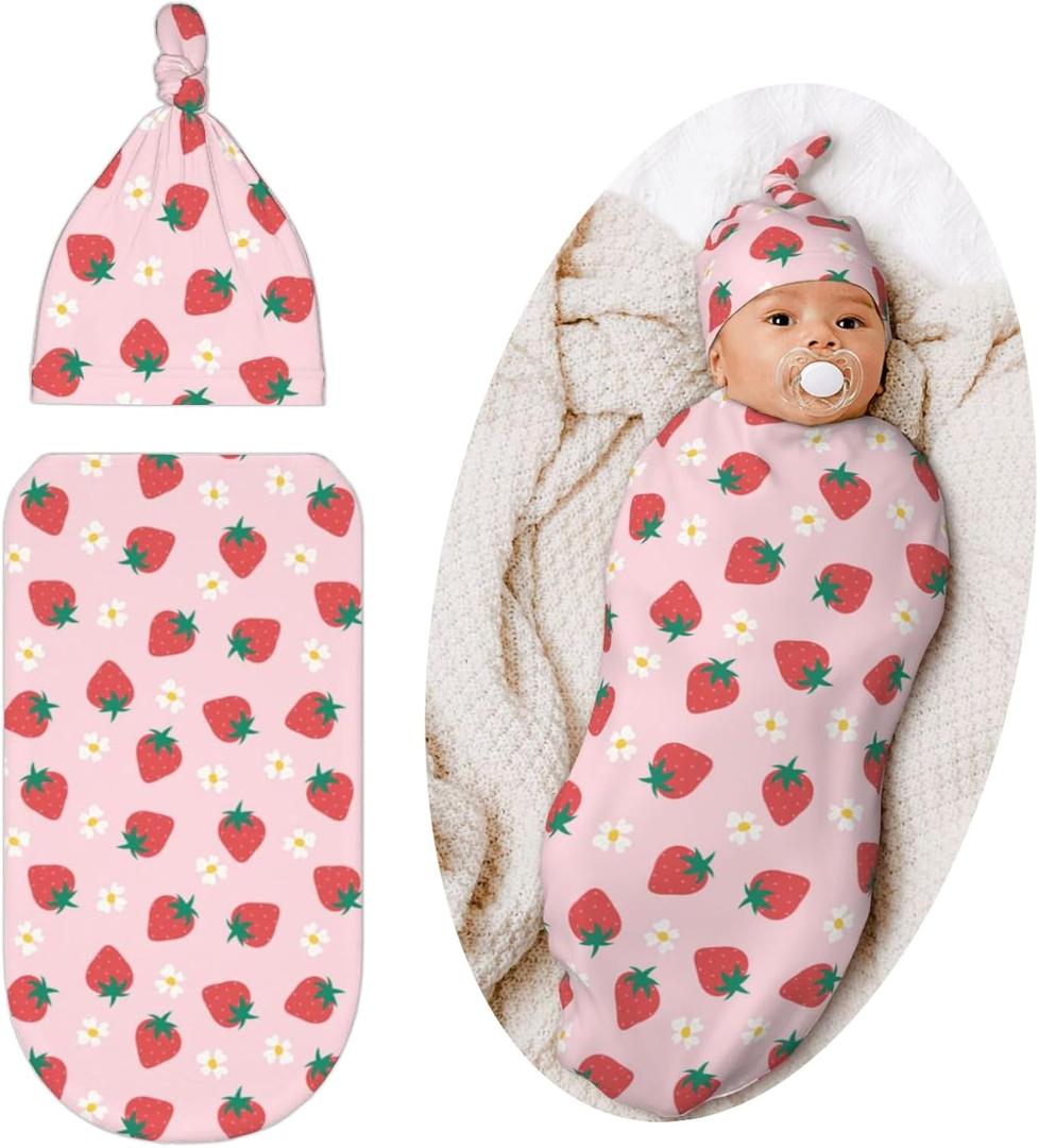 Swaddling Blanket for Baby, Sleeping Sacks, Unisex Baby Stuff with Hat, Strawberry