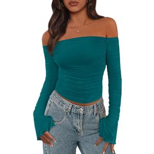 PRETTYGARDEN Fall Tops for Women 2025 Trendy Long Sleeve Crop Mesh Slim Fit Y2K Cute Shirts Going Out Off The Shoulder Top (Lake Blue,X-Large)