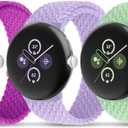 BlackPro Nylon Bands Compatible with Google Pixel Watch Bands/Google Pixel Watch 2/Pixel Watch 4/3 41mm Band for Women Men, Adjustable Stretchy Braided Straps with Upgraded Connector for Pixel Watch Bands (A#Pistachio+Lavender Purple+Pitaya)