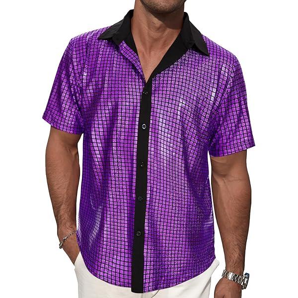Mens 70S Disco Outfits Sequin Shirt Short Sleeve Button Down Shirts Party Novelty Shirts Nightclub Christmas Prom Costume, Size L