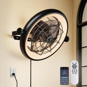Wall Mount Fan with Remote/App Control, 16" Quiet Wall Mounted Fan with Light, 3 Color Dimmable, 6 Speed, 1/2H Timer, 360 Adjustable Tilt Plug in Ceiling Fan for Garage, Home, Greenhouse, Patio