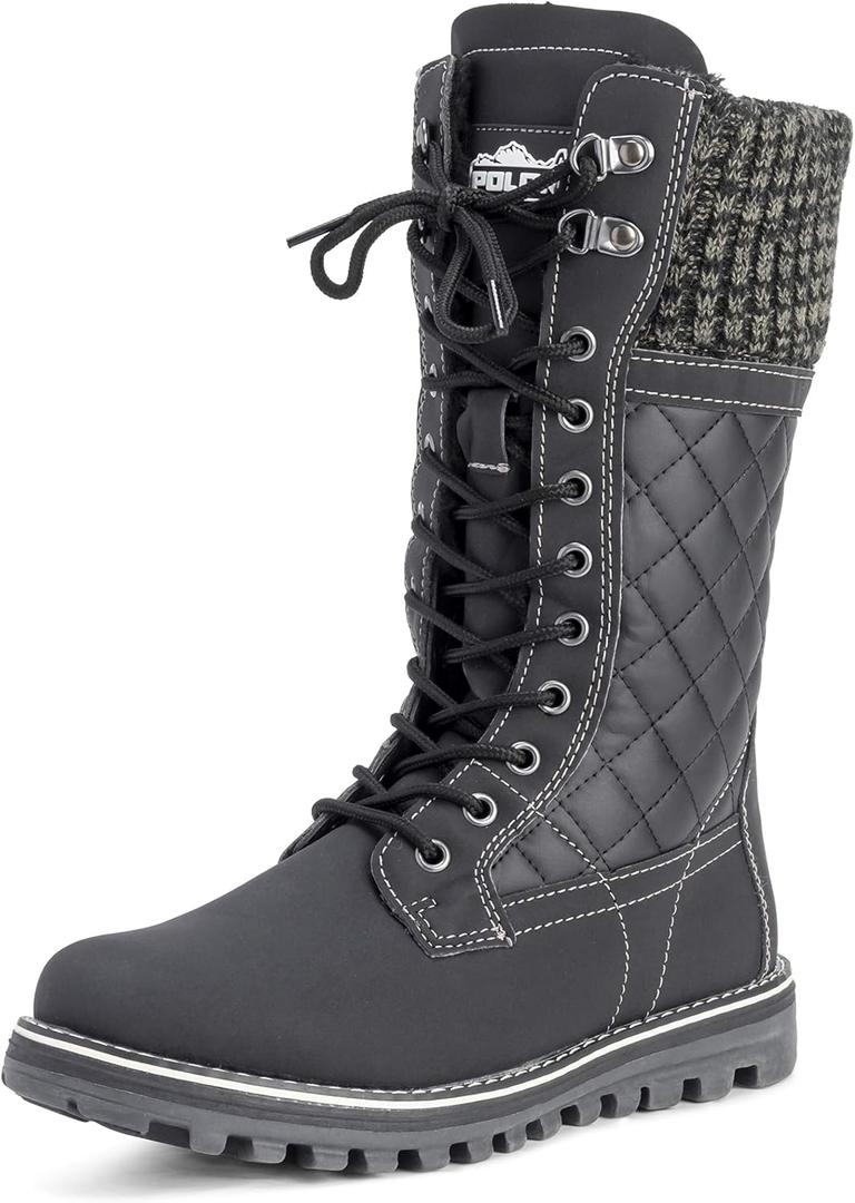 POLAR Womens Faux Fur Warm Thermal Waterproof Outdoor Walking Snow Winter Rubber Sole Calf Boots (Black), Size 7US