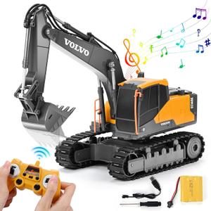 DOUBLE E Volvo RC Excavator Remote Control Excavator Toy for Boys Full Function Construction Vehicles Toys with Shovel for Outdoor Play Sandbox Digger Toys Gifts for Kids