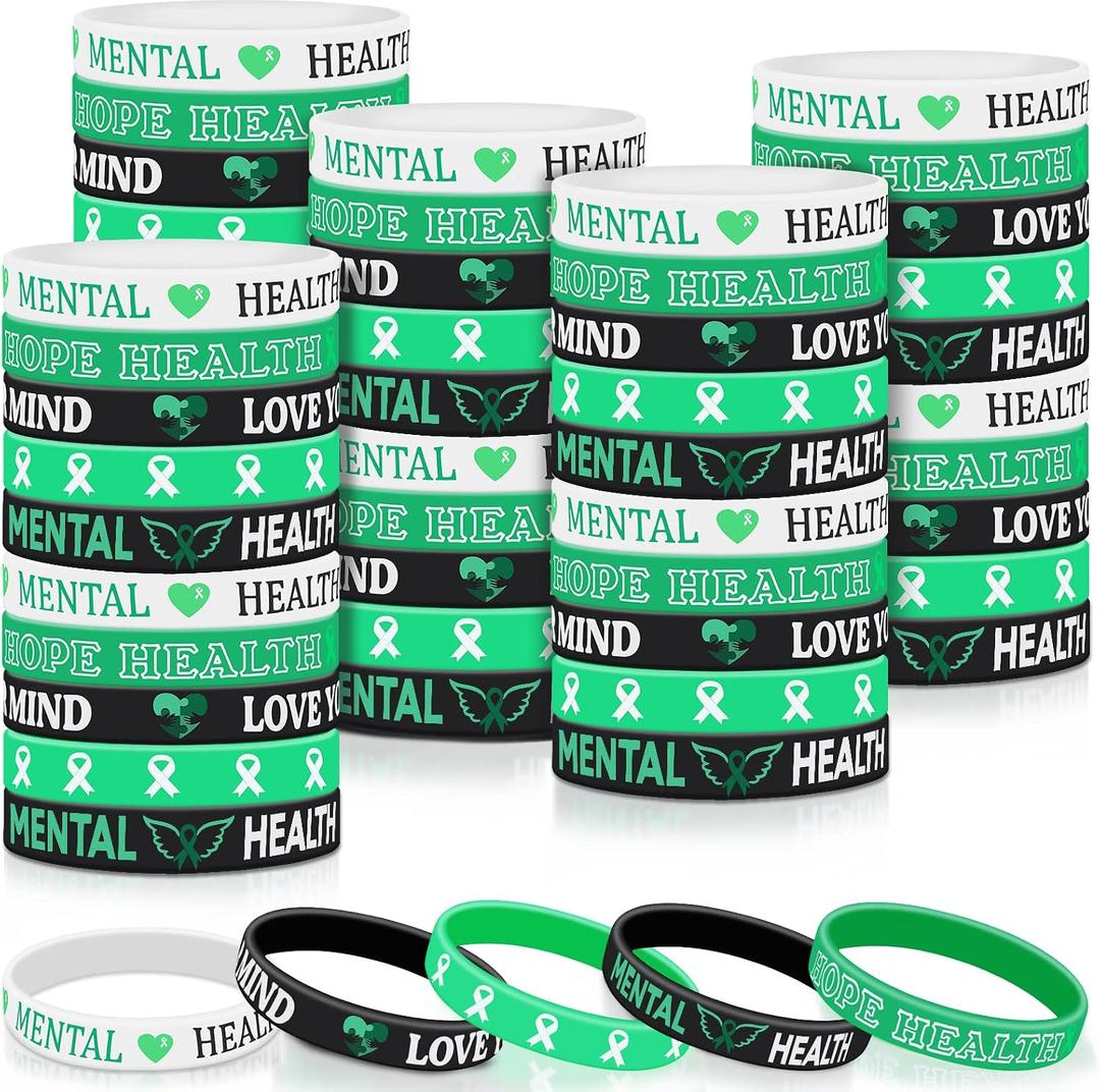 Wettarn 150 Pcs Mental Health Awareness Bracelet Bulk Green Awareness Ribbon Silicone Bracelets Rubber Motivational Wristbands Mental Health Gifts with Inspirational Saying for Women Men, 5 Styles