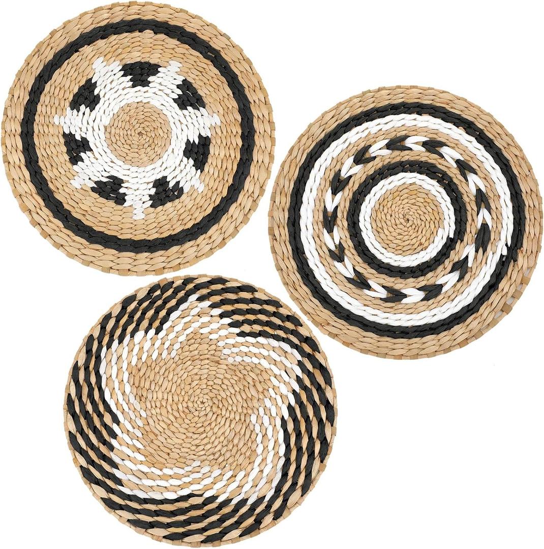 Glenmal 3 Pcs Boho Wall Basket Decor Decorative Bulrush Woven Basket Wall Decor Art Farmhouse Handmade Hanging Baskets with African Design for Living Room Display Table Settings Kitchen Home (Vivid)
